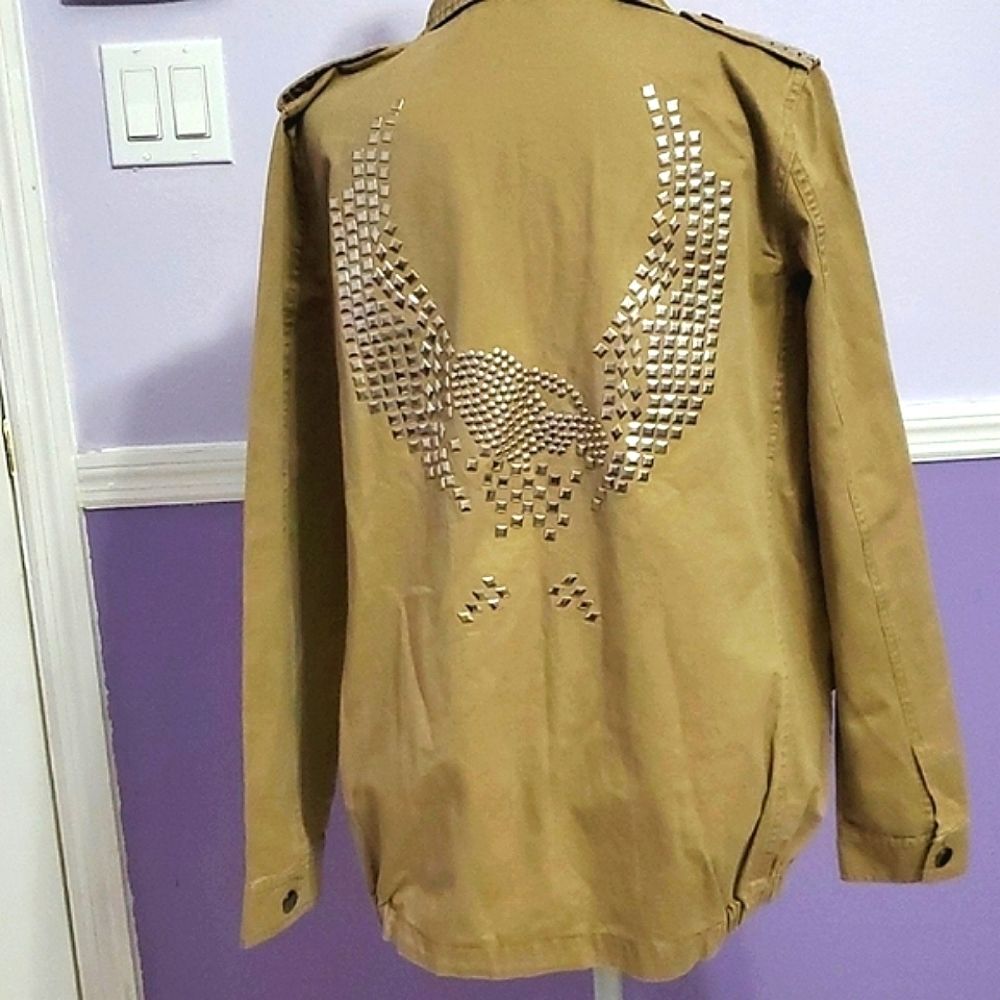 Signature8 Khaki Studded Military Moto Utility Anorak Jacket Shacket M